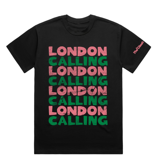 Black Unisex TShirt with repeat london calling text in pink and green