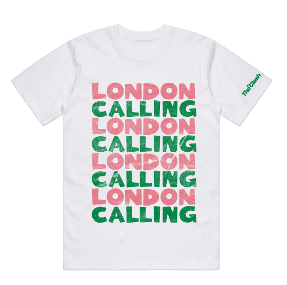 White Unisex TShirt with repeat london calling text in pink and green