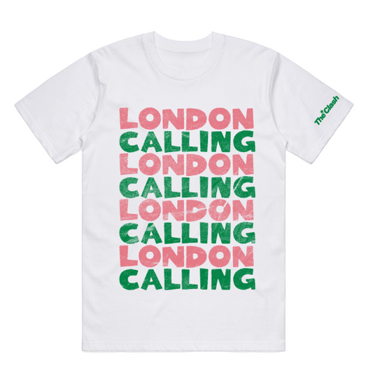 White Unisex TShirt with repeat london calling text in pink and green