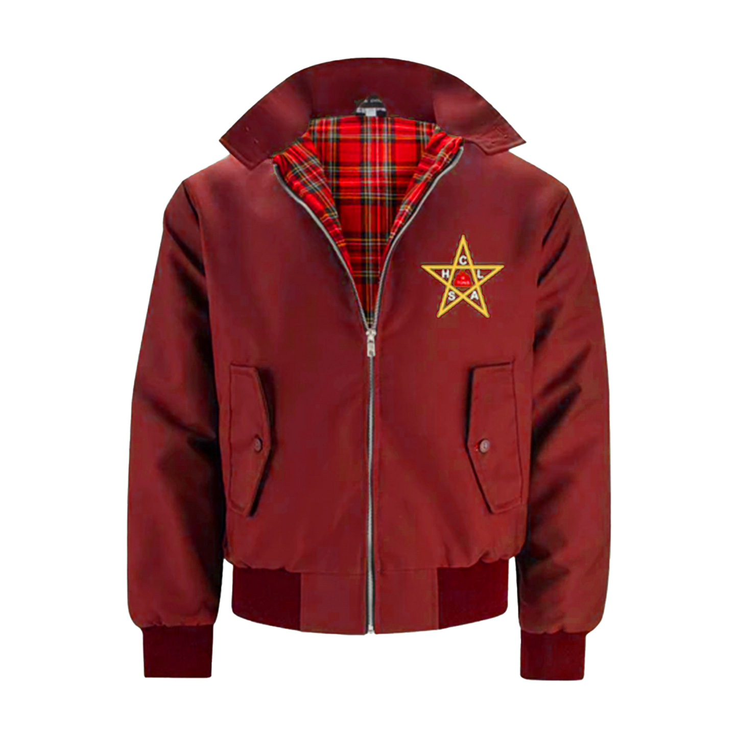 burgundy harrington jacket with 5 point star embroidered in yellow on top right breast, red harrington lining