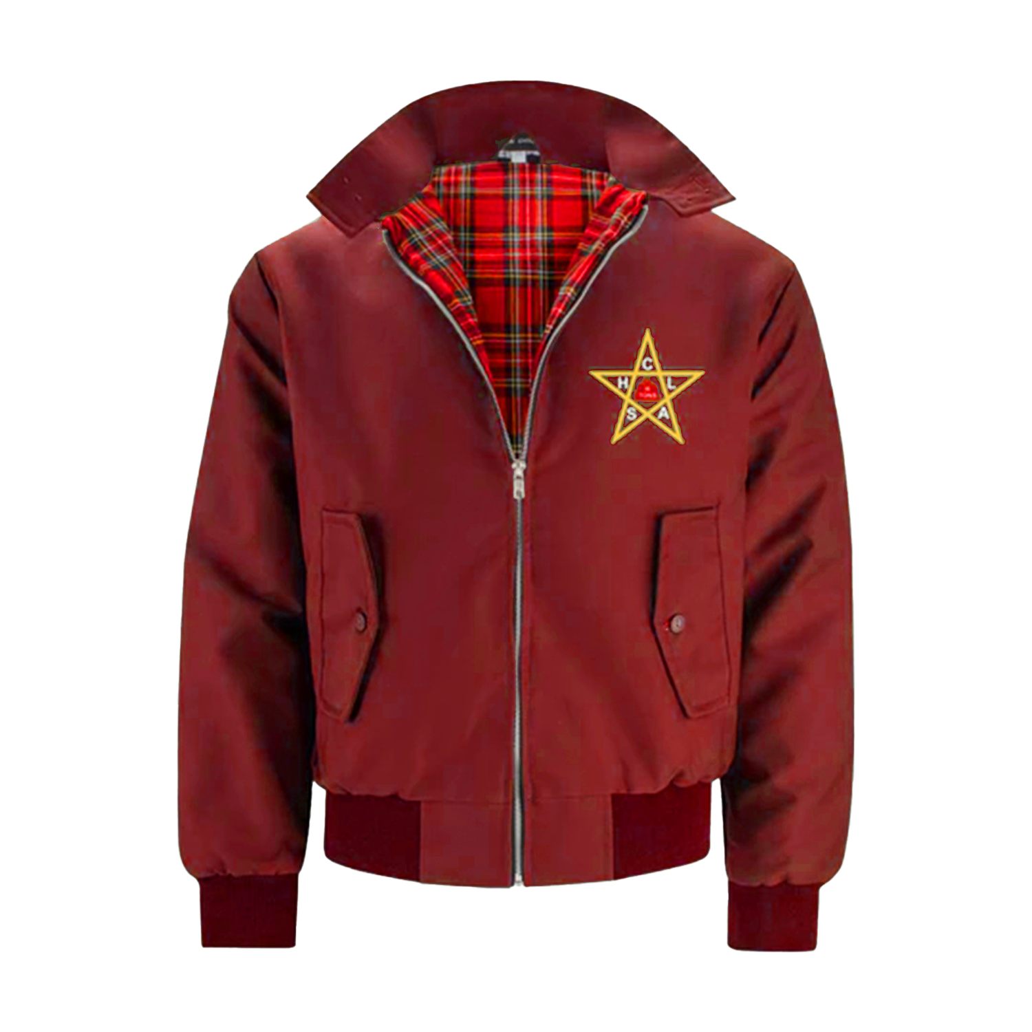burgundy harrington jacket with 5 point star embroidered in yellow on top right breast, red harrington lining