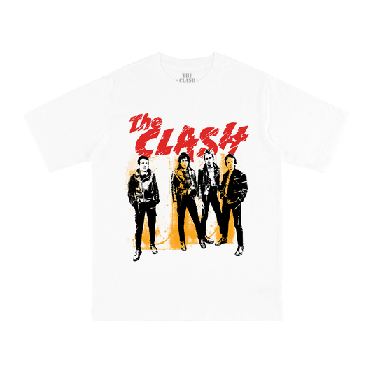 White Unisex TShirt with the clash logo in red and the band image in black and yellow