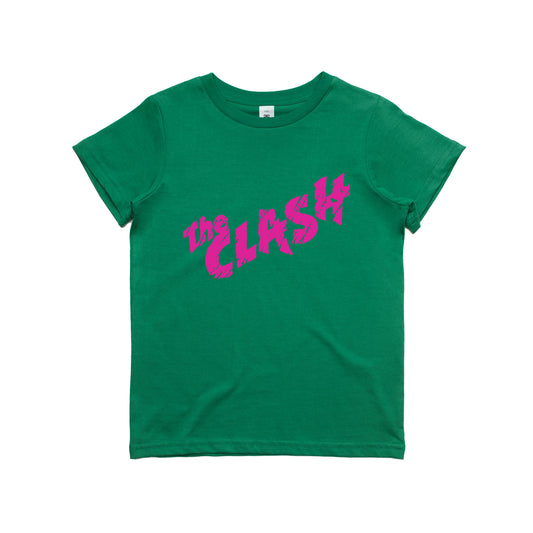 green childrens tshirt with the clash logo in pink across the front