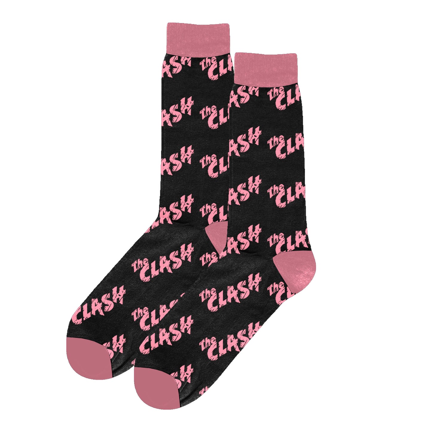 black socks with a pink top and bottom, the clash repeat logo in pink all over print