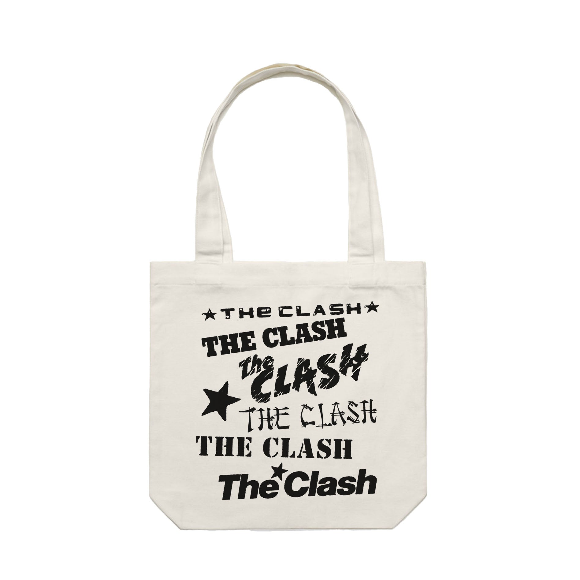 The Clash natural tote bag with multiple logos in black