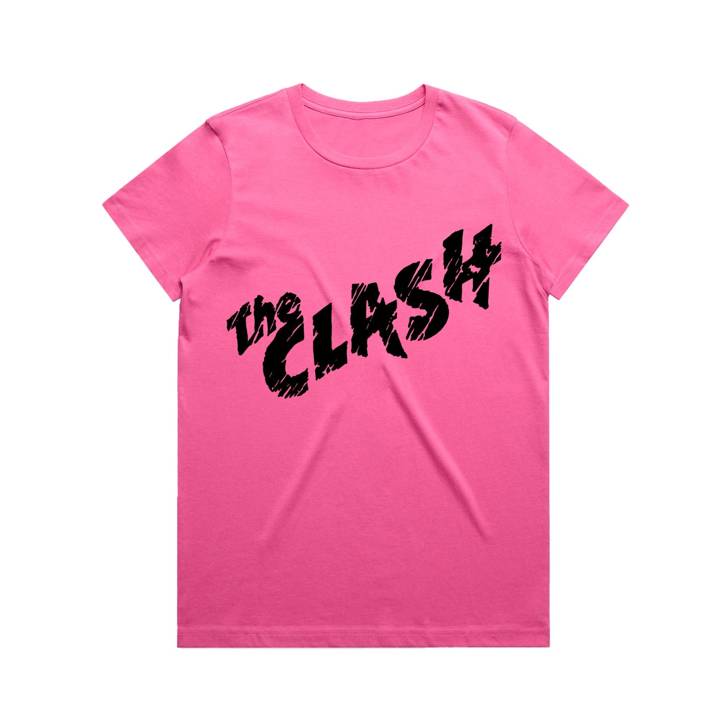 bright pink ladies tshirt with the clash logo in black across the front