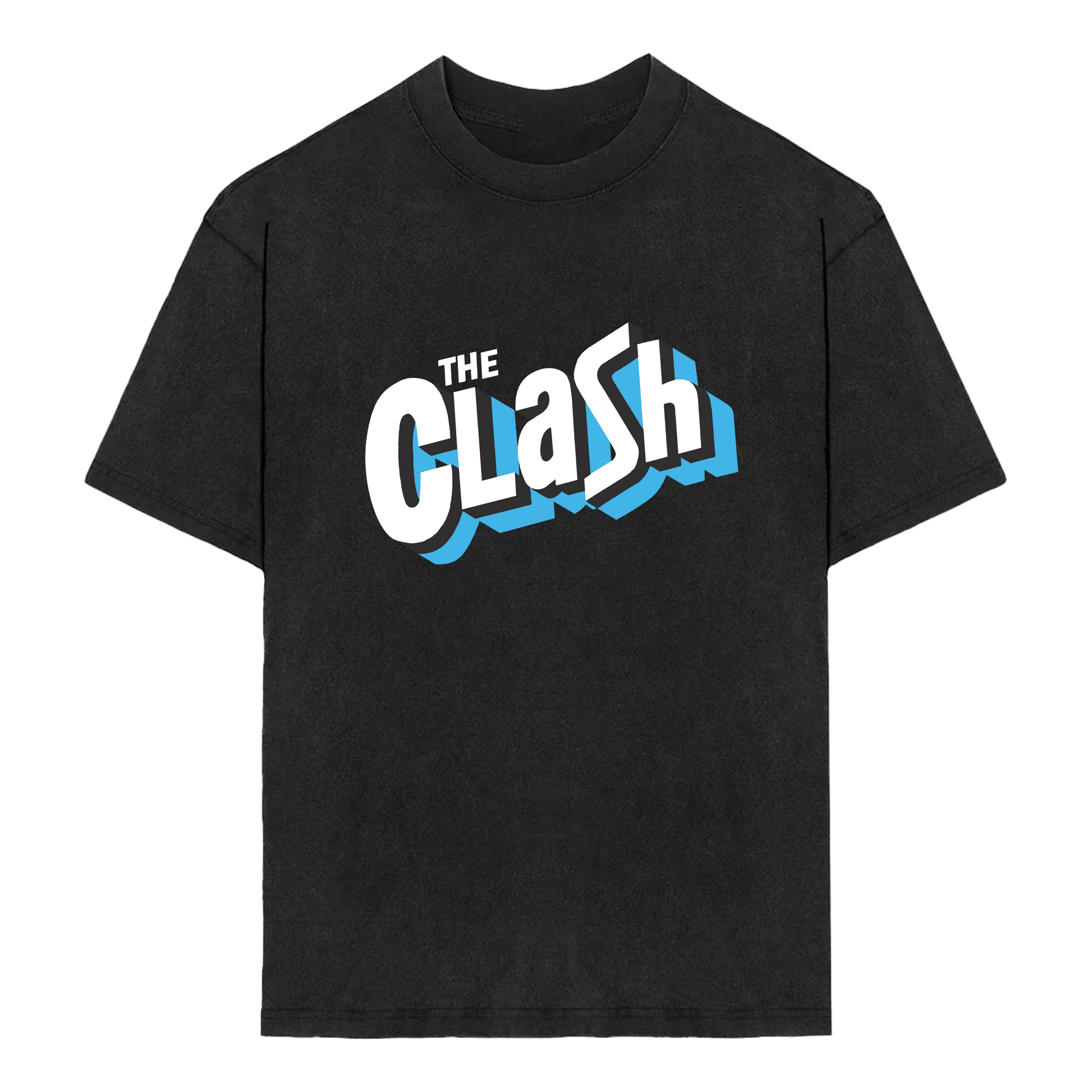 Black Unisex TShirt with the clash logo in white and blue on front