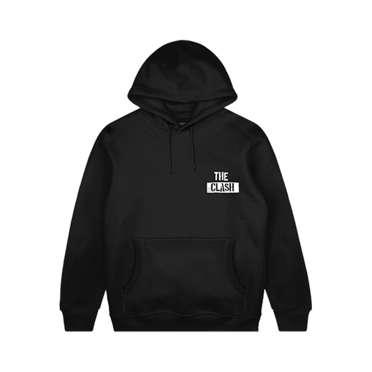 black Unisex hoodie with the clash logo on the front and clash city rockers on the back in white