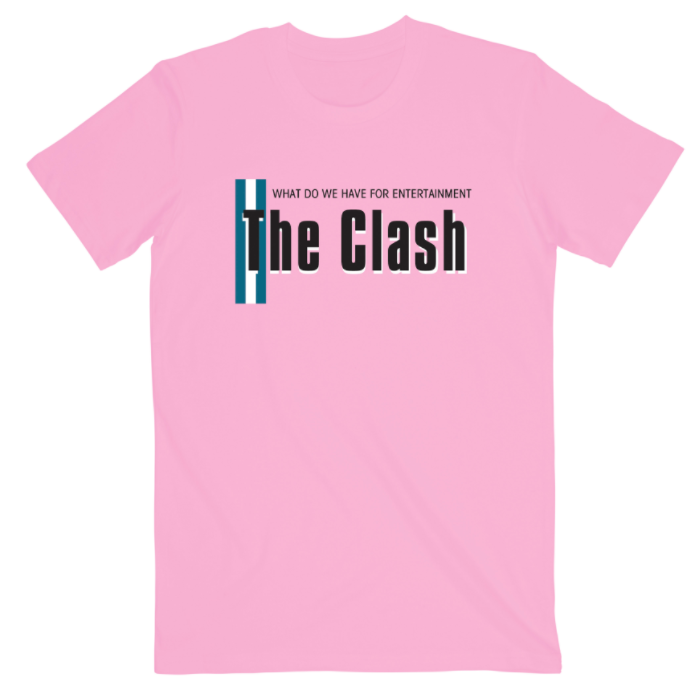 pink unisex tee with black the clash logo