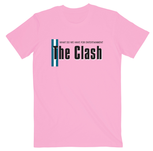 pink unisex tee with black the clash logo