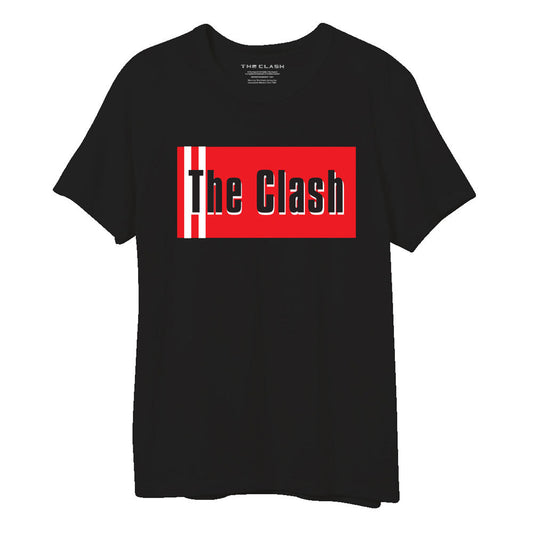 black unisex tee with red black and white the clash print