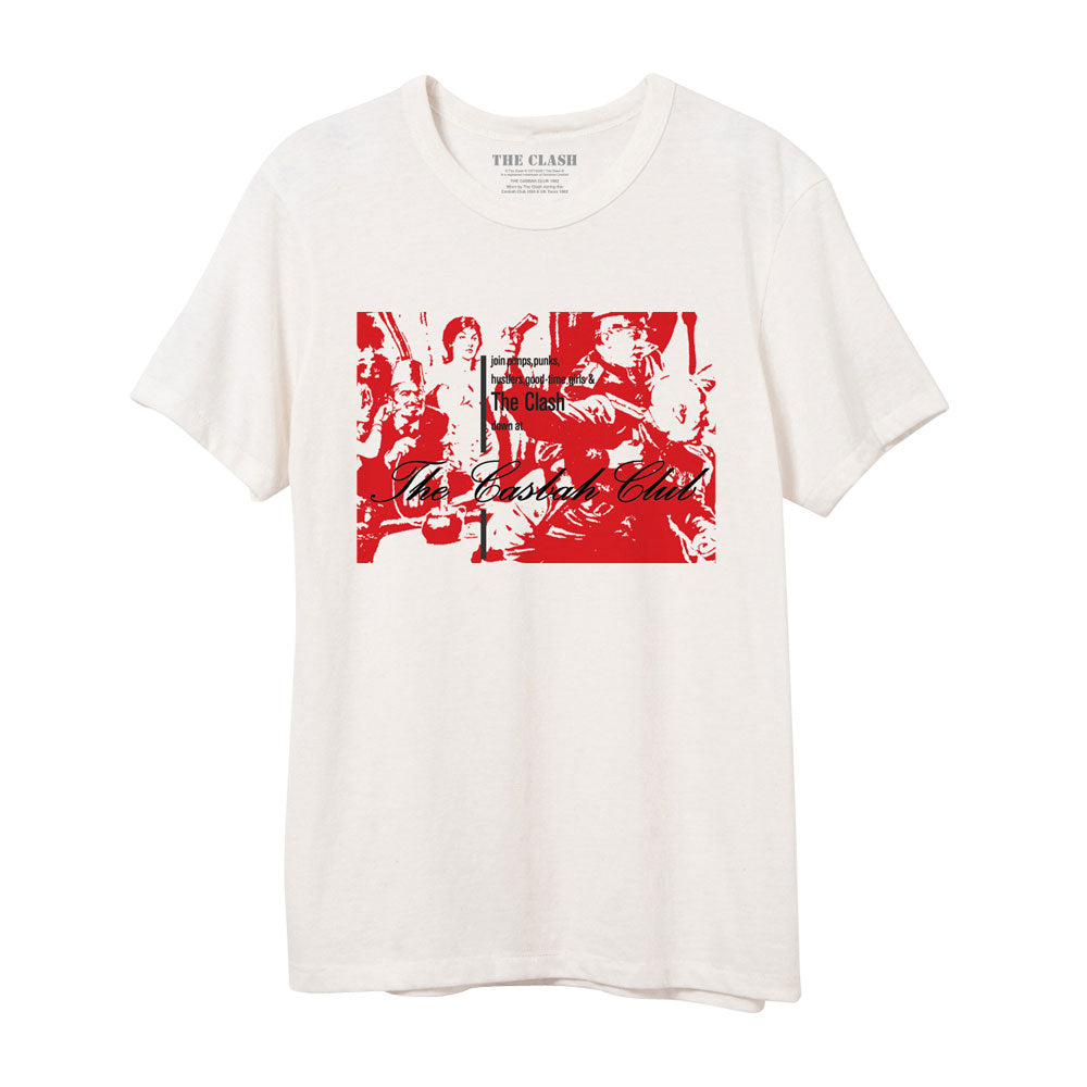 white unisex tee with red the casbah club print