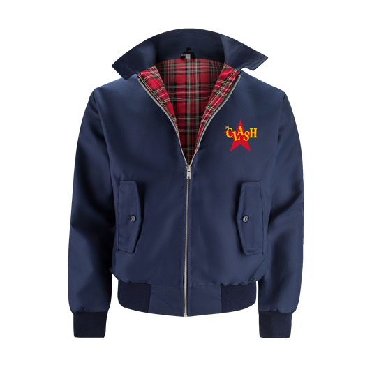 Navy Harrington jacket with red harrington lining and red star with yellow the clash logo