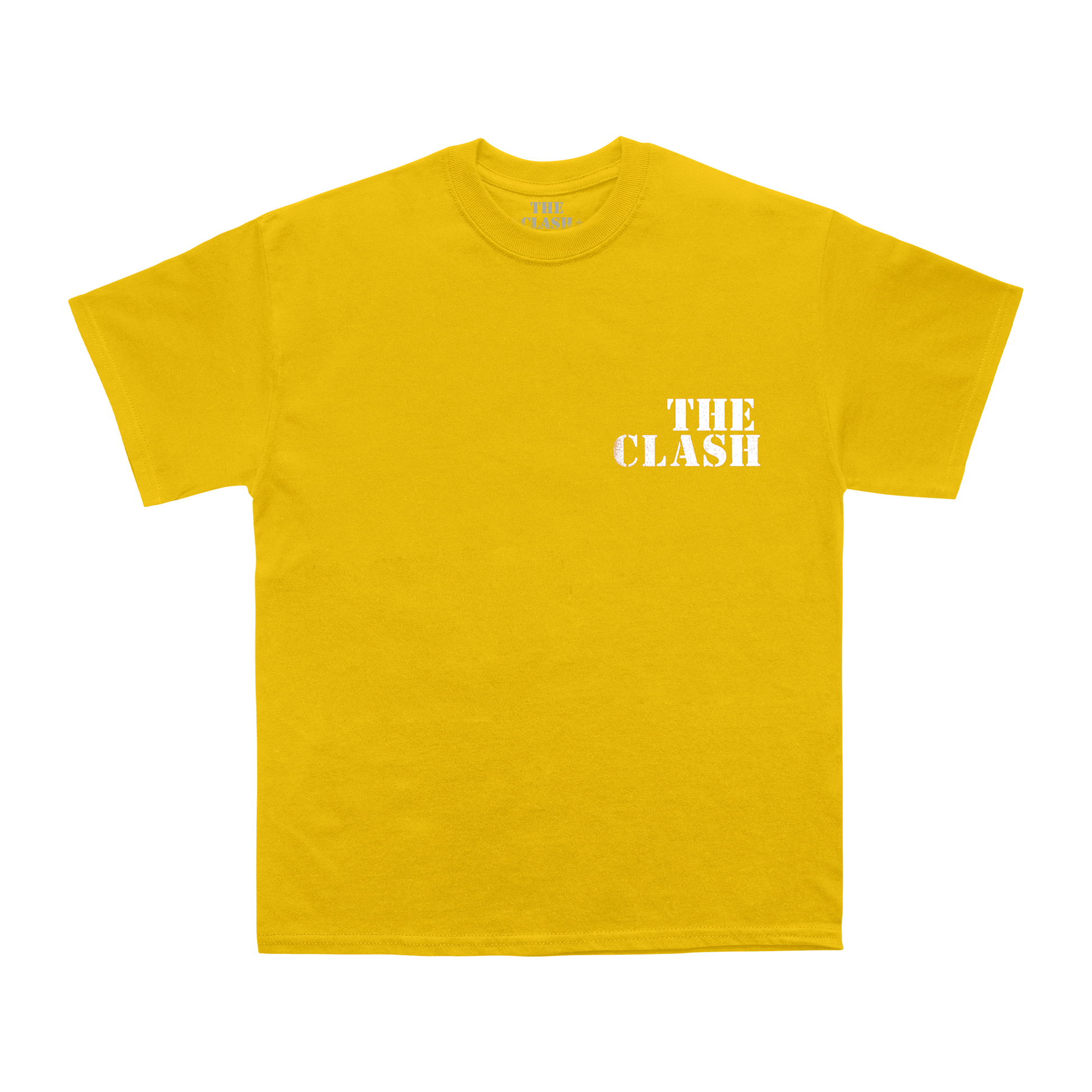 yellow Unisex TShirt with the clash logo in white on front and black star on back in circle