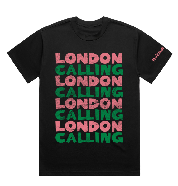 Black Unisex TShirt with repeat london calling text in pink and green
