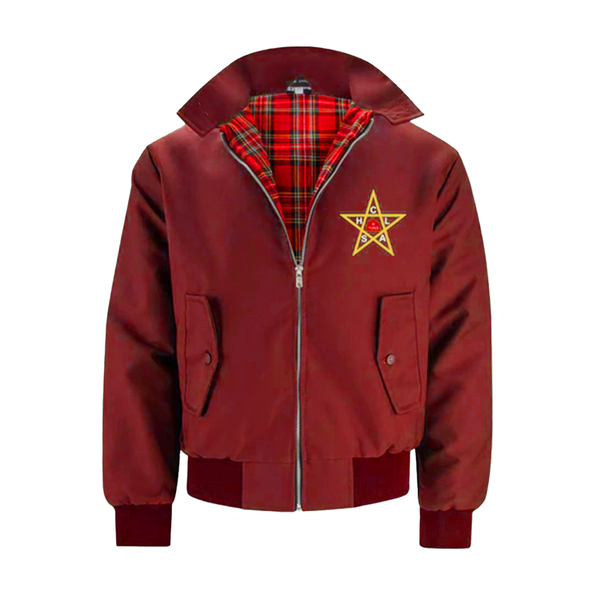 burgundy harrington jacket with 5 point star embroidered in yellow on top right breast, red harrington lining 