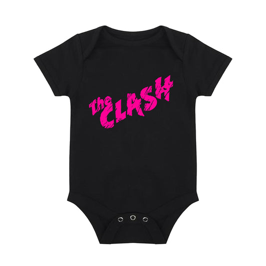black baby grow with the clash logo on the front in bright pink, poppers as the fastening 
