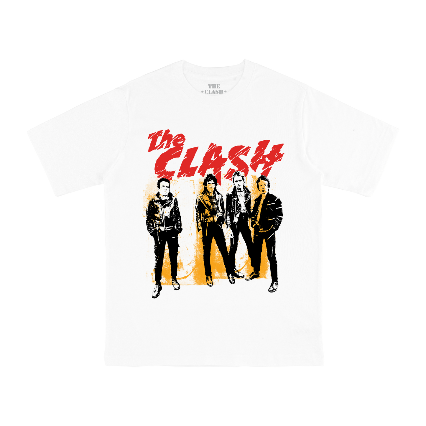White Unisex TShirt with the clash logo in red and the band image in black and yellow