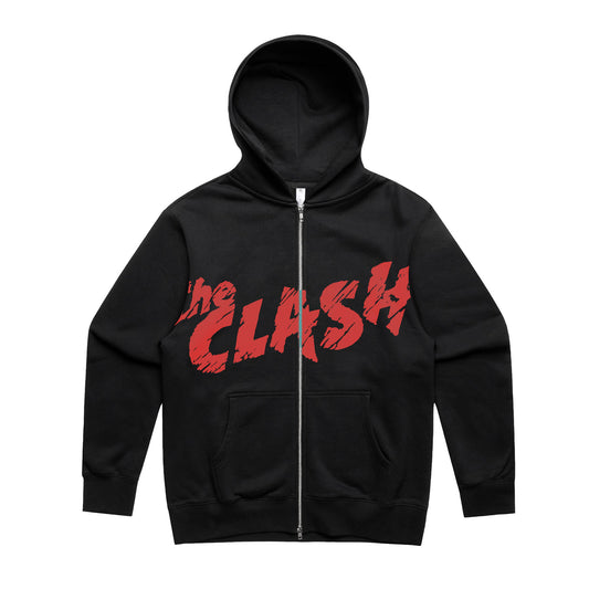 black zip up hoodie with the clash logo in large print across the front in red
