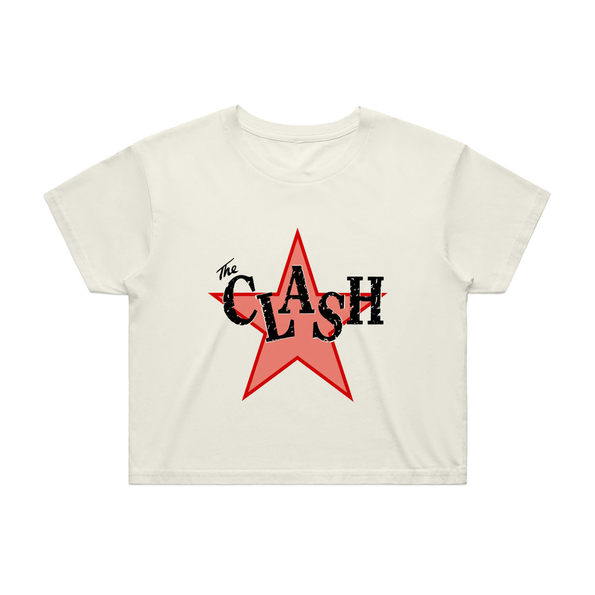 Cropped ladies fit ecru tshirt with red logo star and the clash logo in centre
