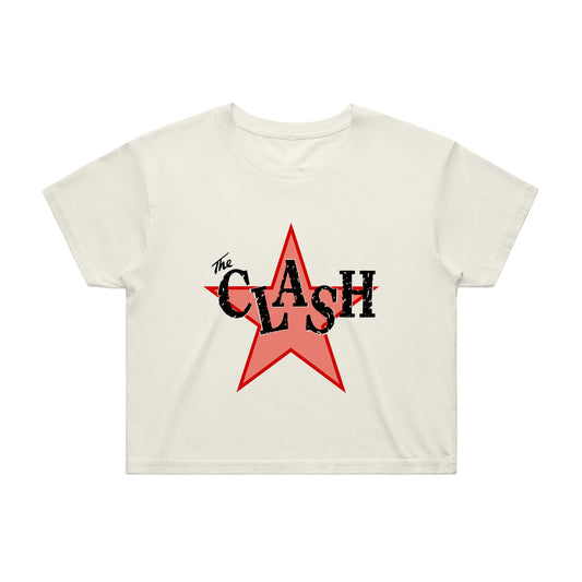 Cropped ladies fit ecru tshirt with red logo star and the clash logo in centre