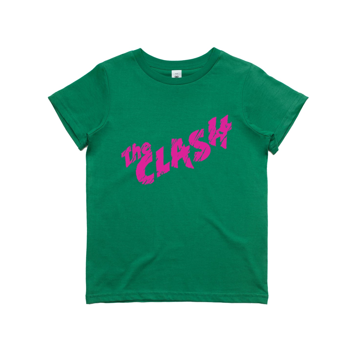 green childrens tshirt with the clash logo in pink across the front