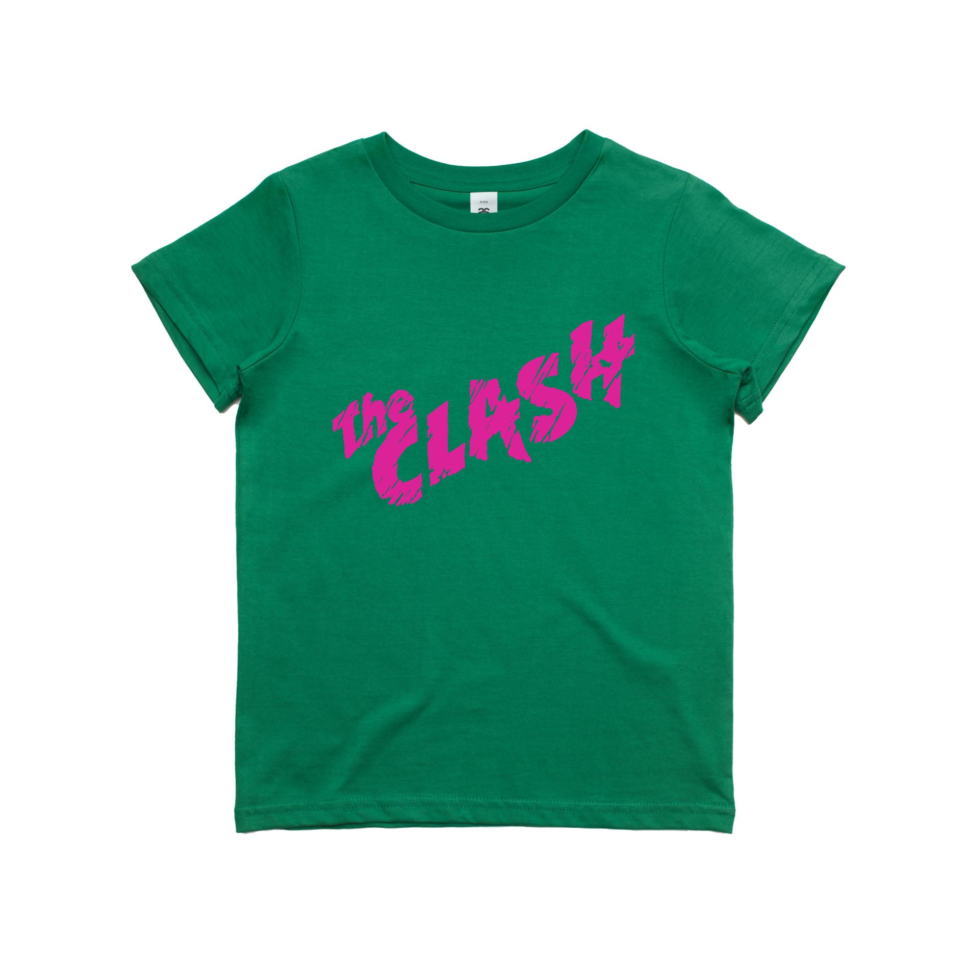green childrens tshirt with the clash logo in pink across the front