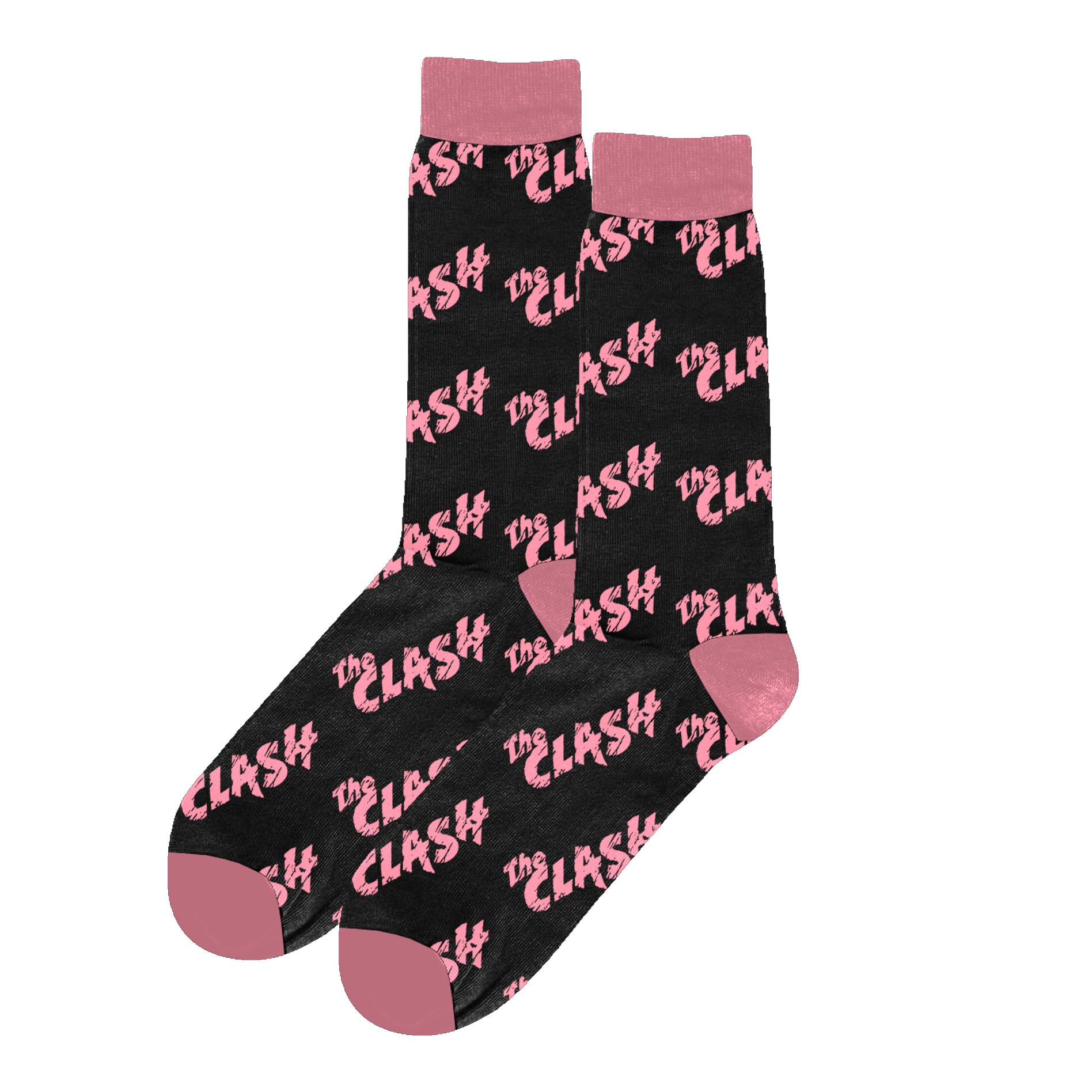 black socks with a pink top and bottom, the clash repeat logo in pink all over print