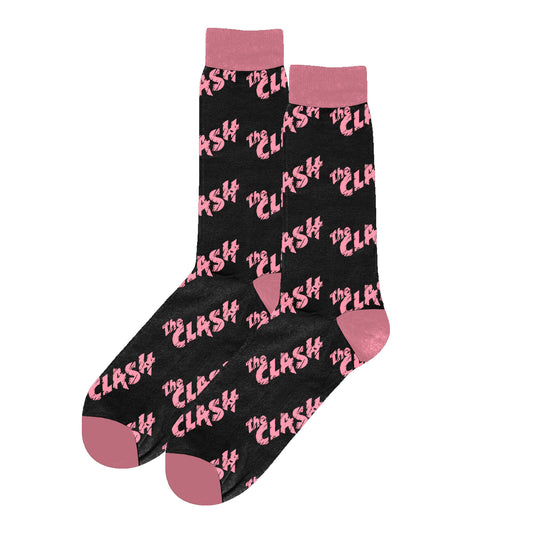 black socks with a pink top and bottom, the clash repeat logo in pink all over print