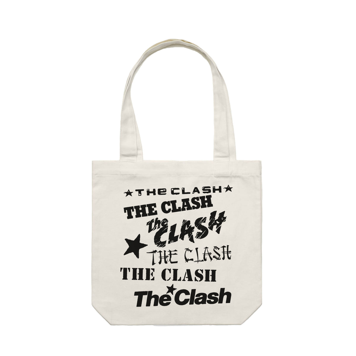 The Clash natural tote bag with multiple logos in black
