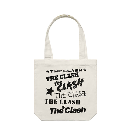 The Clash natural tote bag with multiple logos in black