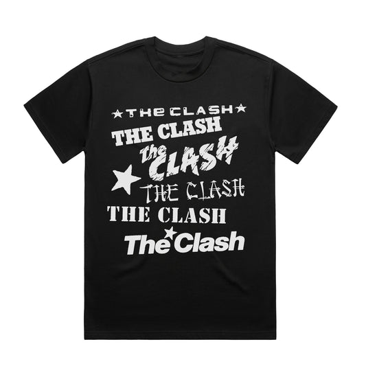 black unisex tshirt with the clash repeat logo on the front in white 