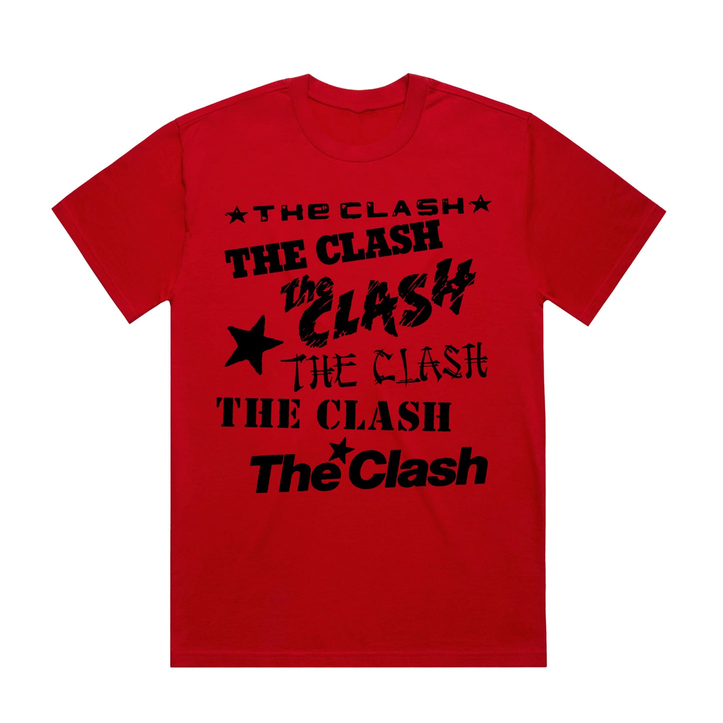 red unisex tshirt with repeat the clash logo in collage format across the front in black 