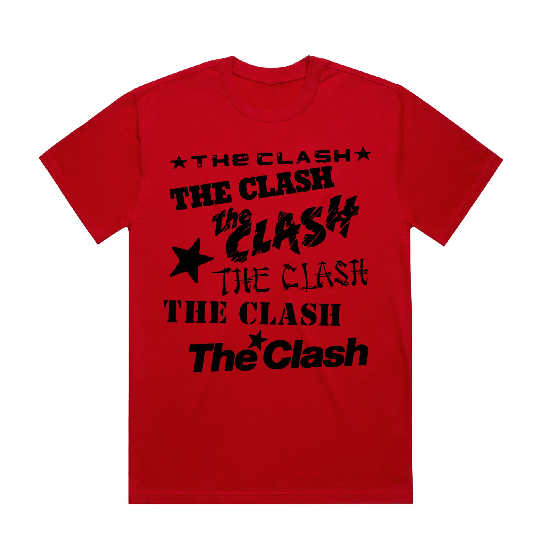 red unisex tshirt with repeat the clash logo in collage format across the front in black 