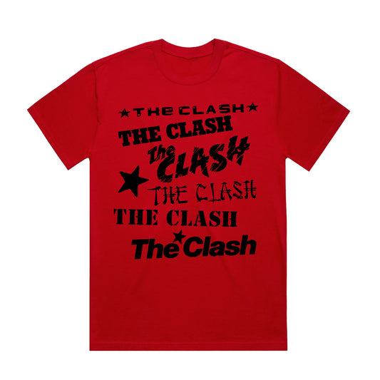 red unisex tshirt with repeat the clash logo in collage format across the front in black 