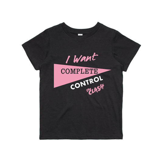 BLACK KIDS TEE WITH 'I WANT COMPLETE CONTROL' TEXT IN COLLAGE FONT AND THE CLASH LOGO, PINK TRIANGLE UNDER 'COMPLETE'