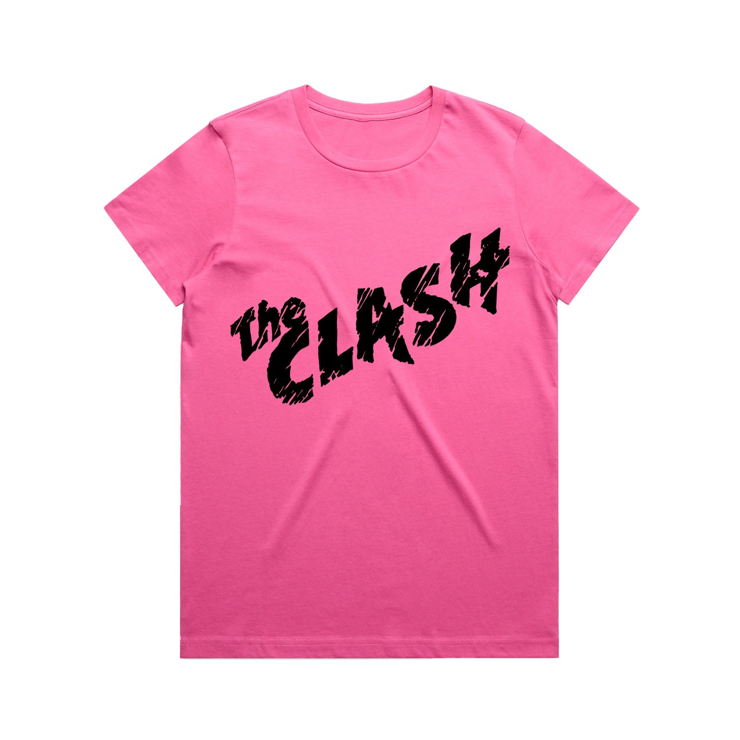bright pink ladies tshirt with the clash logo in black across the front