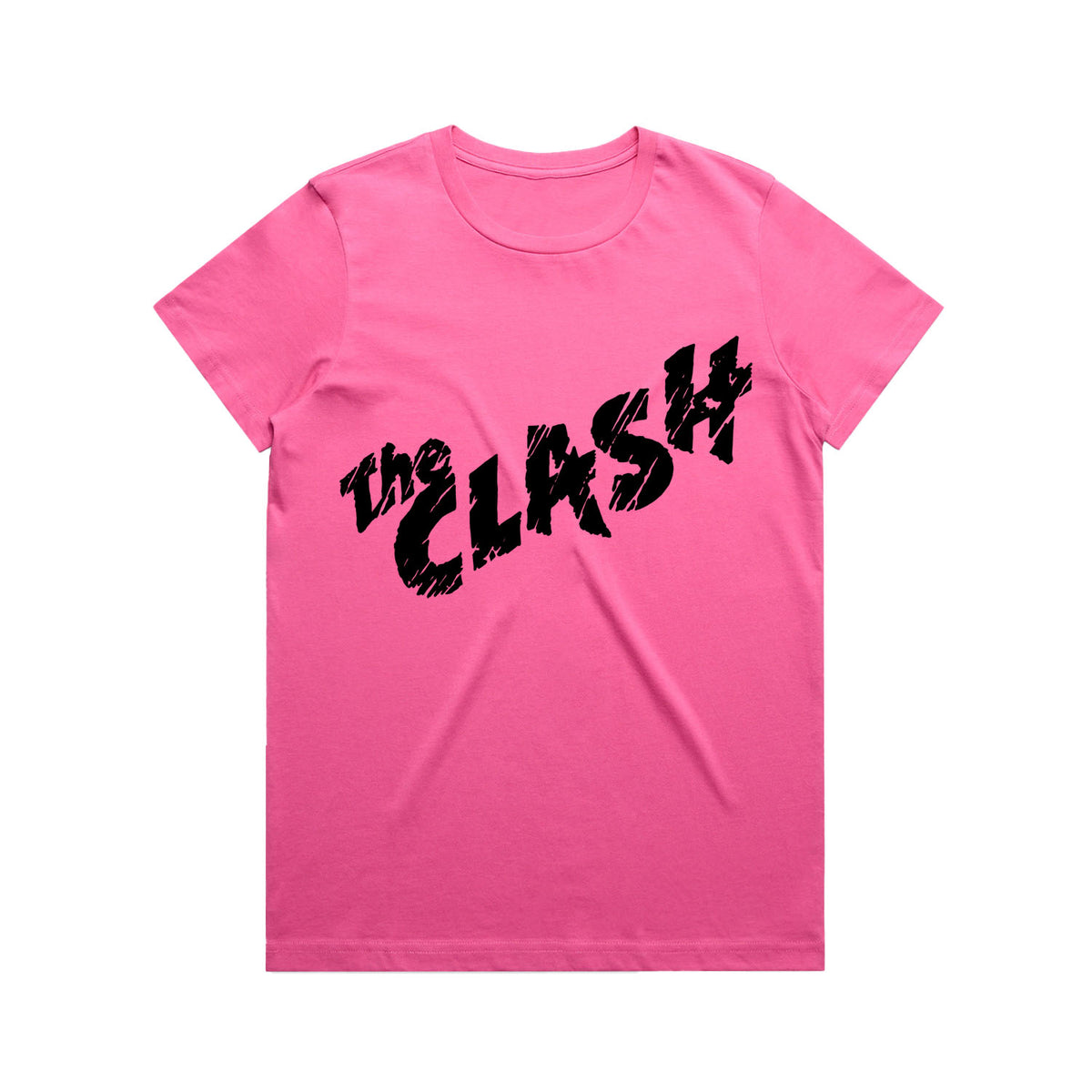 bright pink ladies tshirt with the clash logo in black across the front