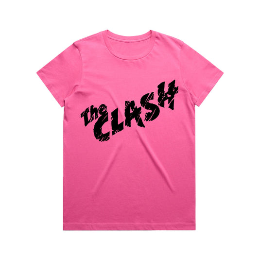 bright pink ladies tshirt with the clash logo in black across the front