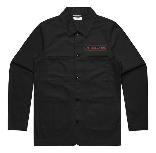 Black jacket with 4 pockets on the front in a square, the clash logo with stars either side on a patch in the top right hand corner, 5 black buttons down the middle