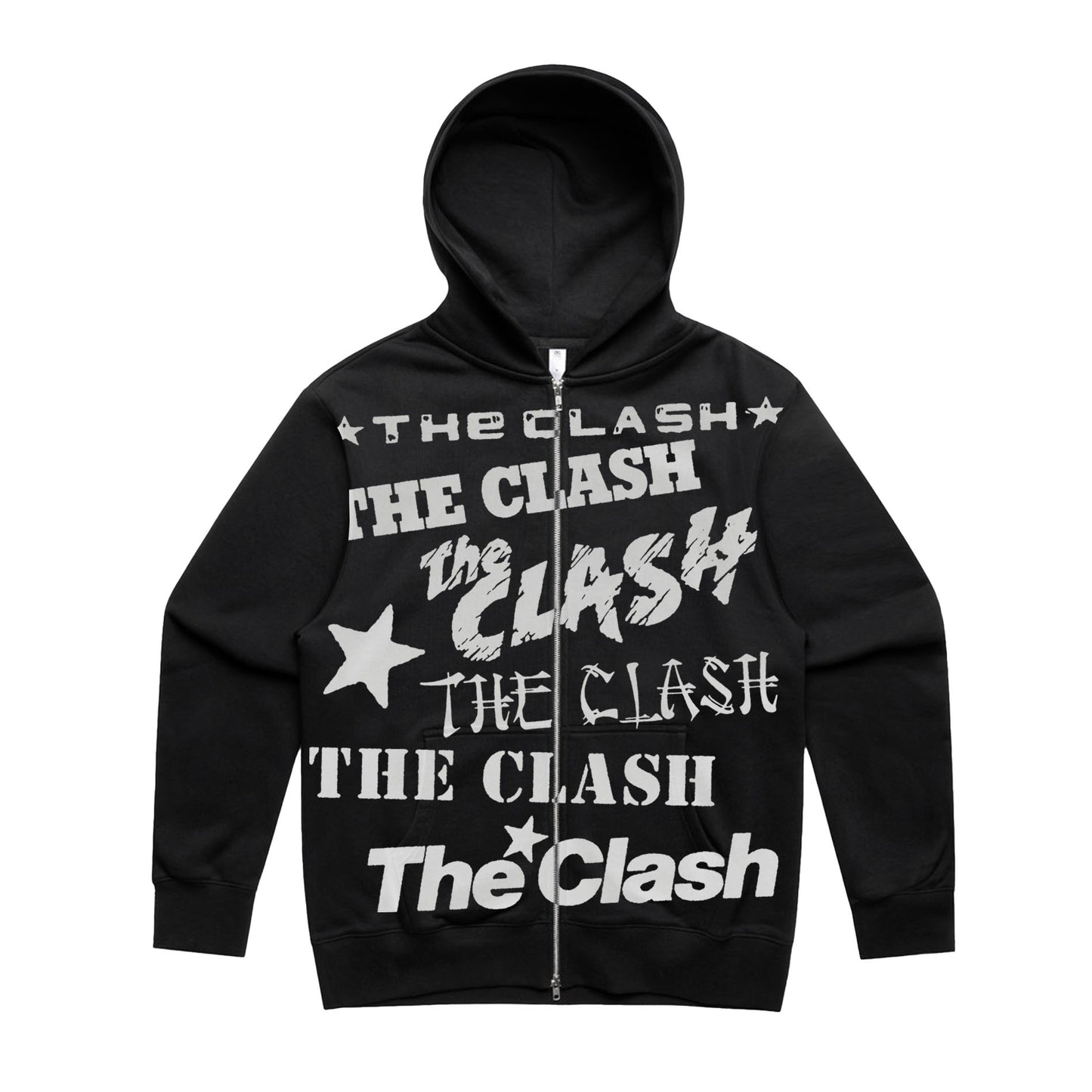 black zip hoodie with repeat The Clash logos in white on the front