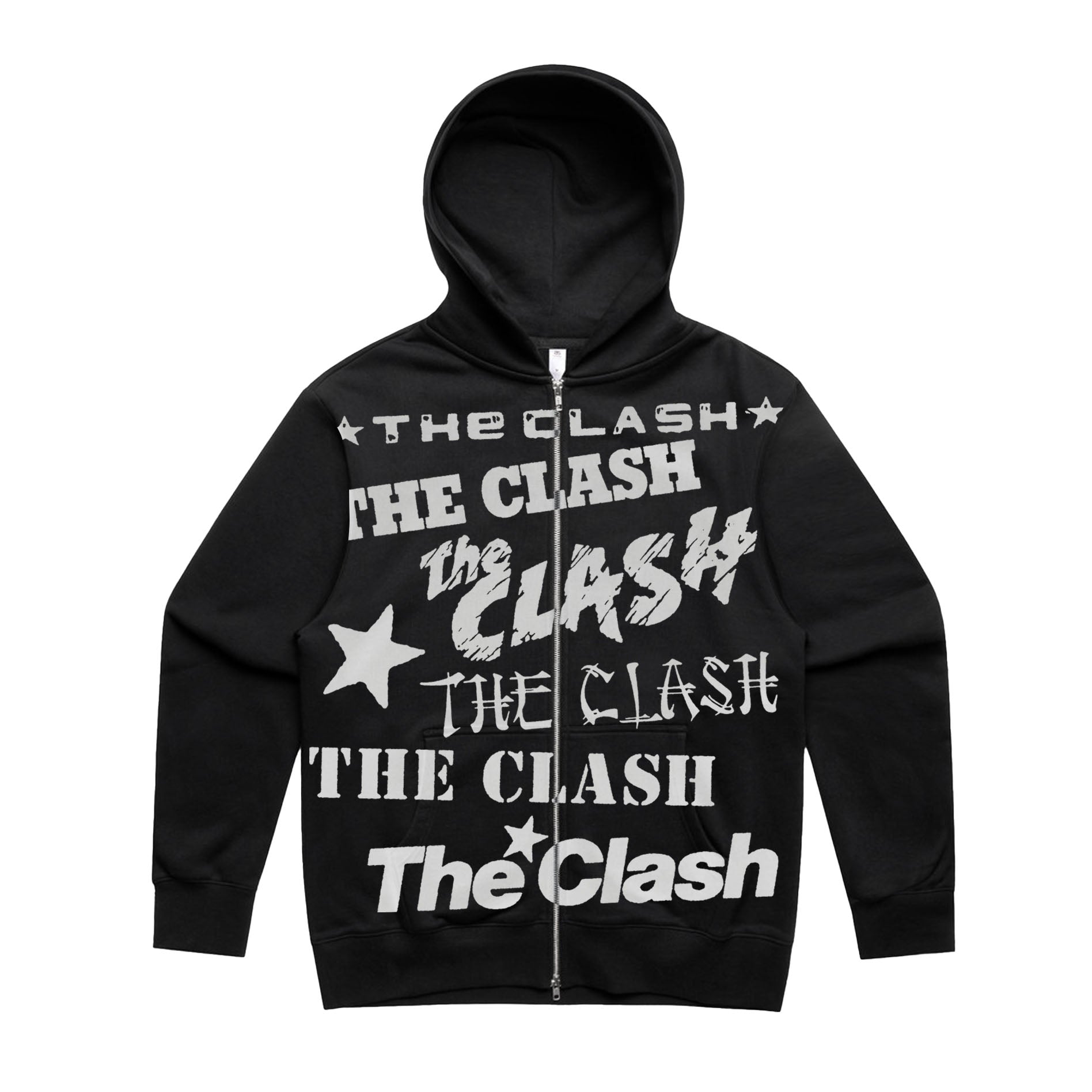 black zip hoodie with repeat The Clash logos in white on the front