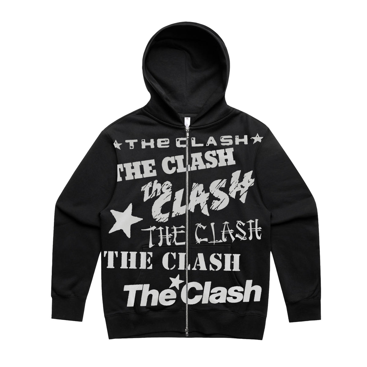black zip hoodie with repeat The Clash logos in white on the front
