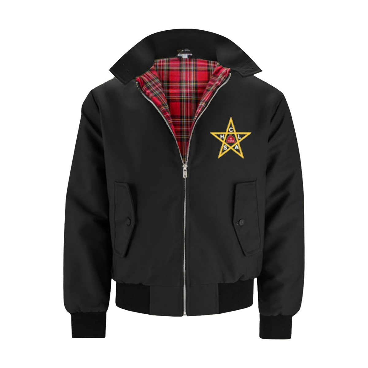 Black Unisex Harrington jacket with the 5 point star embroidered in yellow and clash written inside on the top right breast, red harrington lining 