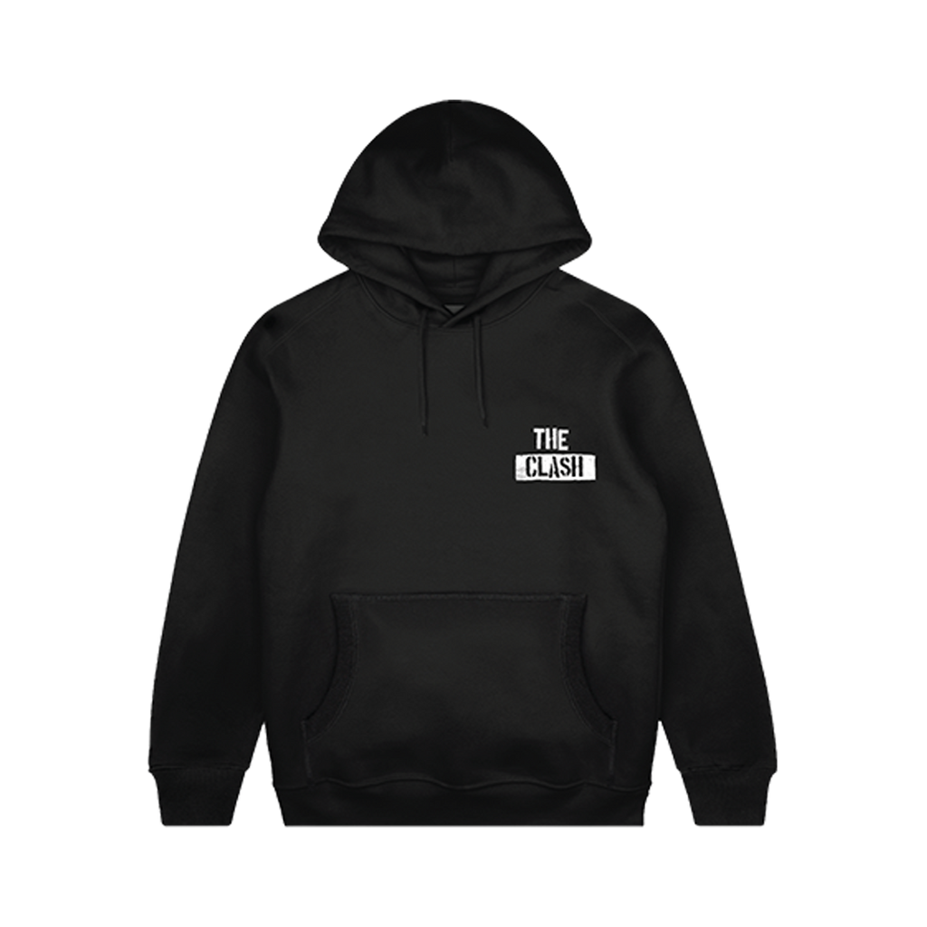 black Unisex hoodie with the clash logo on the front and clash city rockers on the back in white