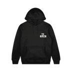 black Unisex hoodie with the clash logo on the front and clash city rockers on the back in white