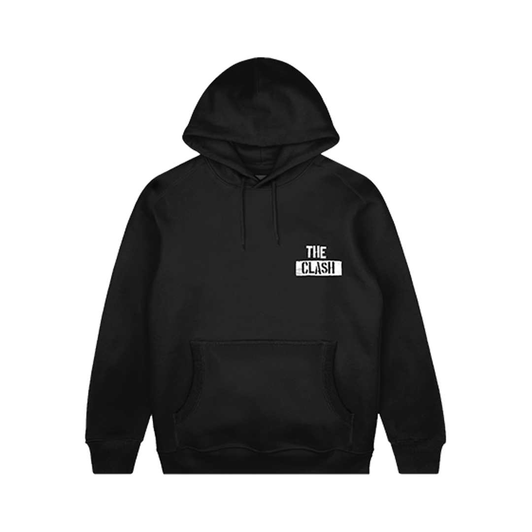 black Unisex hoodie with the clash logo on the front and clash city rockers on the back in white