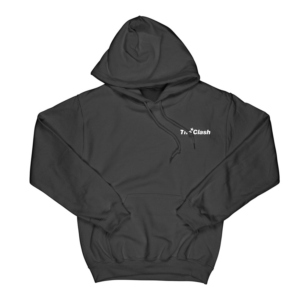 Black unisex hoodie with white the clash logo and backprint