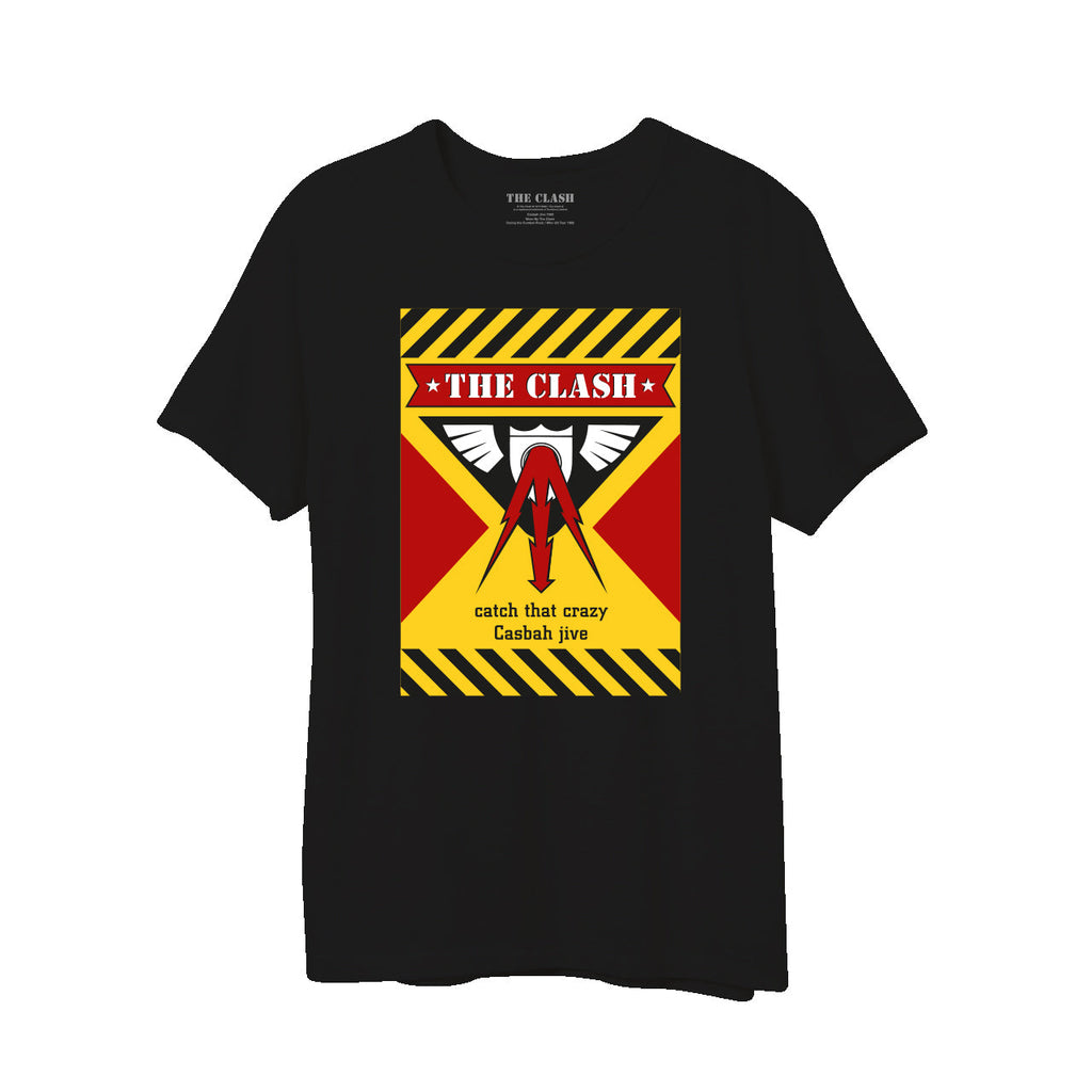 black unisex tee with yellow square print and the clash logo in red, white yellow and black