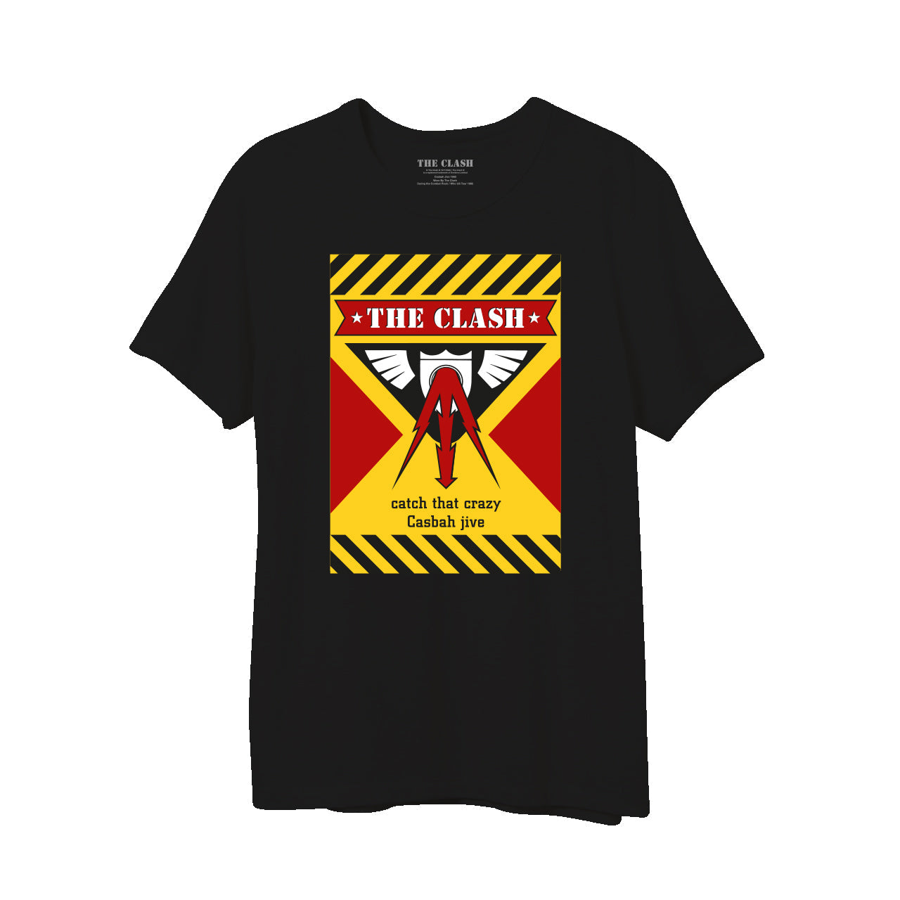 black unisex tee with yellow square print and the clash logo in red, white yellow and black